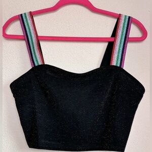 NWT Iris Metallic Glitter Rainbow Stripe Strap Black Cropped Tank Top M